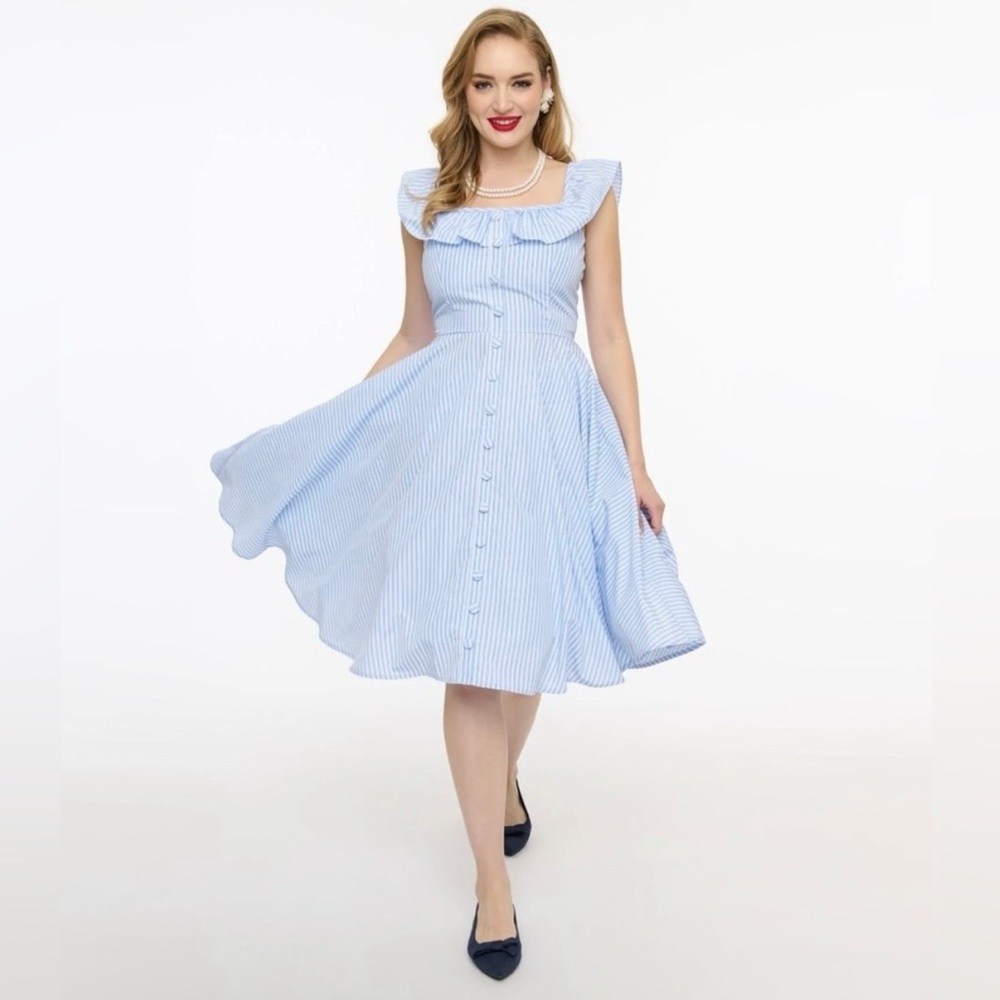Unique Vintage Magnolia Place Blue & White Striped Barbara Swing Dress, 3x, NWT! - Picture 2 of 13